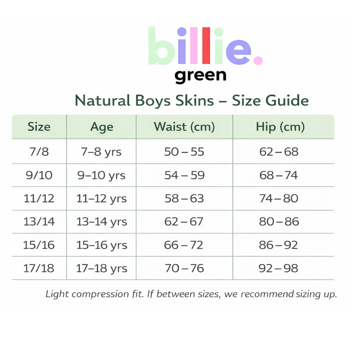 Size chart for Natural Skins (Boys) | Light Compression Shorts  | Anti-chafe - Black