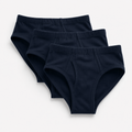 Three pairs of black boys underwear on a light gray background