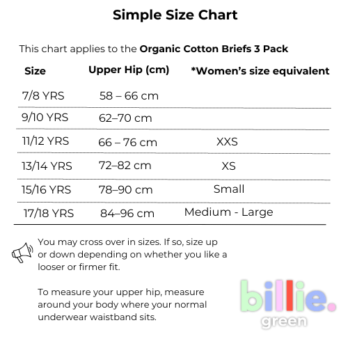 Size chart for Boys Organic Cotton Briefs (3 Pack)
