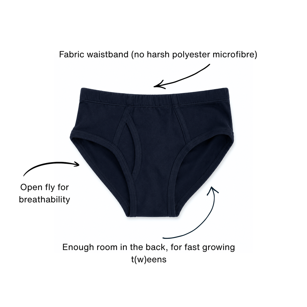 Black boys cotton underwear with text highlighting features on a white background