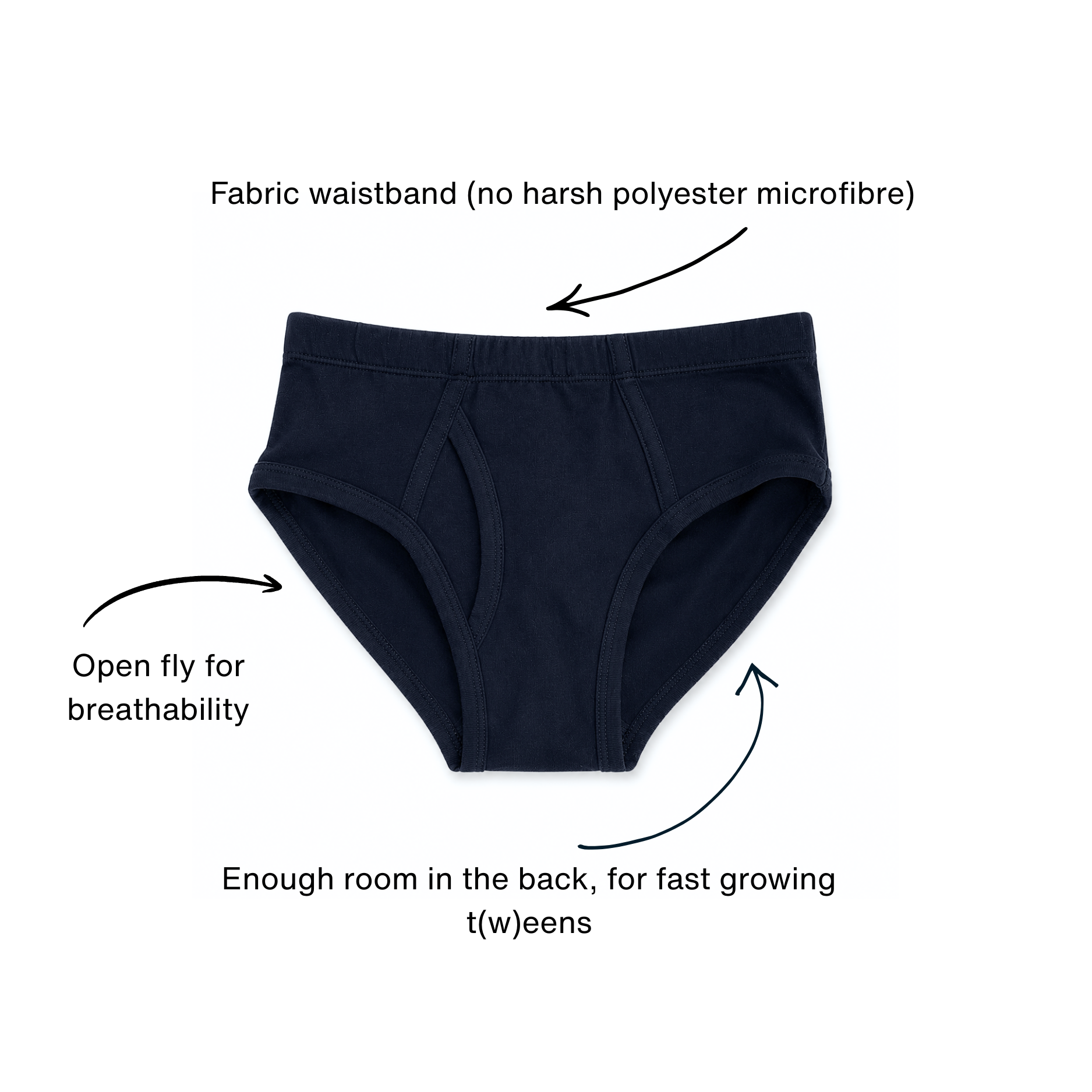 Black boys cotton underwear with text highlighting features on a white background